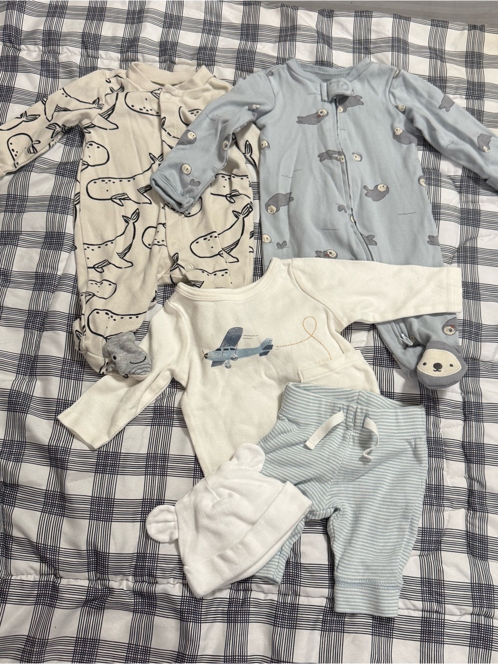 Carter's Cream & Light Blue Baby Footie Set with Whale, Seal & Airplane